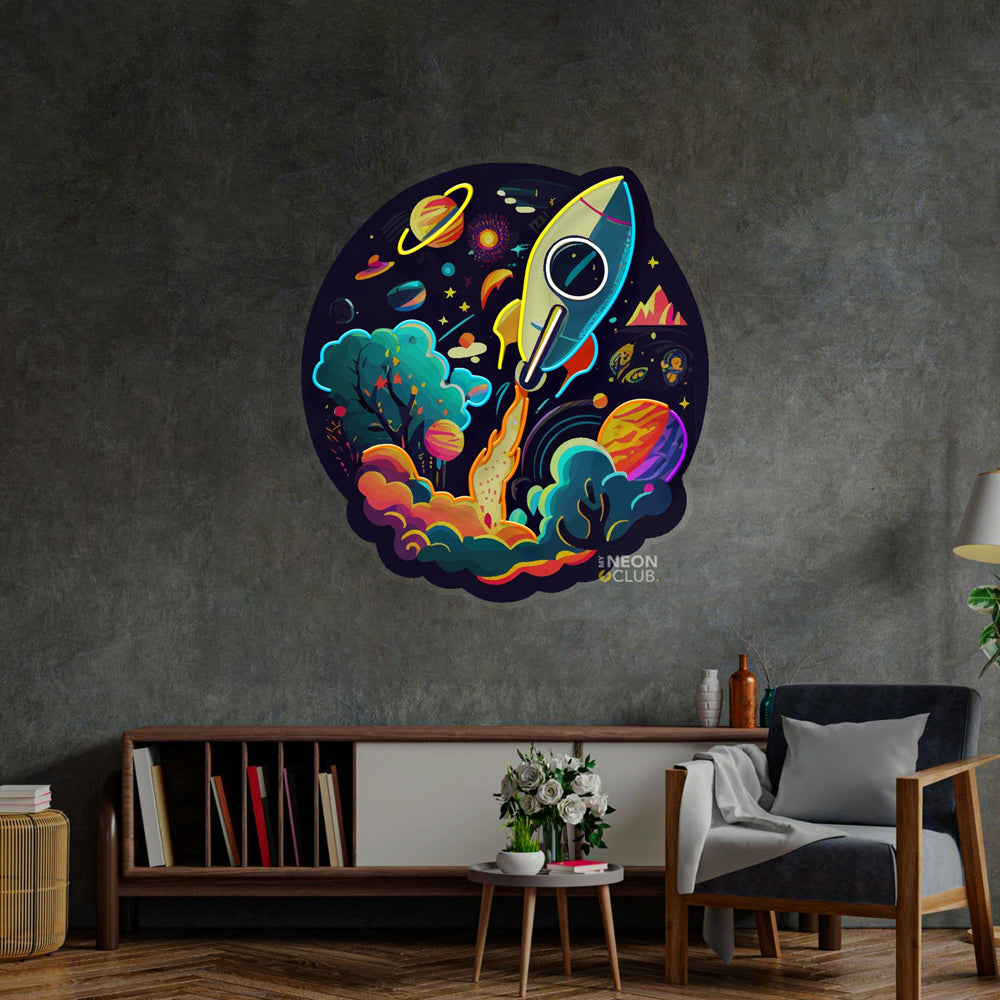 Rocket Launching Universe Neon Pop Art Néon Personnalisé | Enseigne LED Au Maroc – MyNeonClub