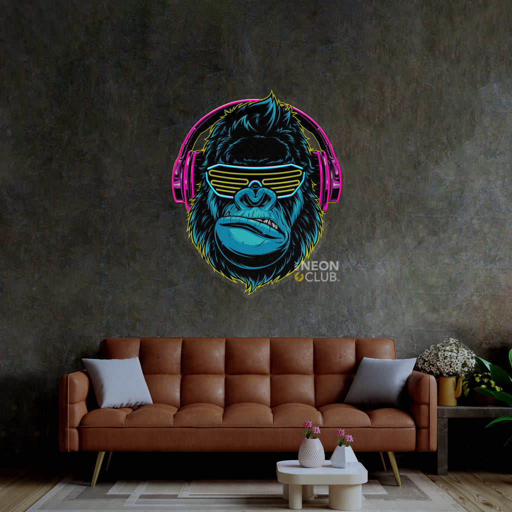Gorilla with Headphones Neon Pop Art Néon Personnalisé | Enseigne LED Au Maroc – MyNeonClub