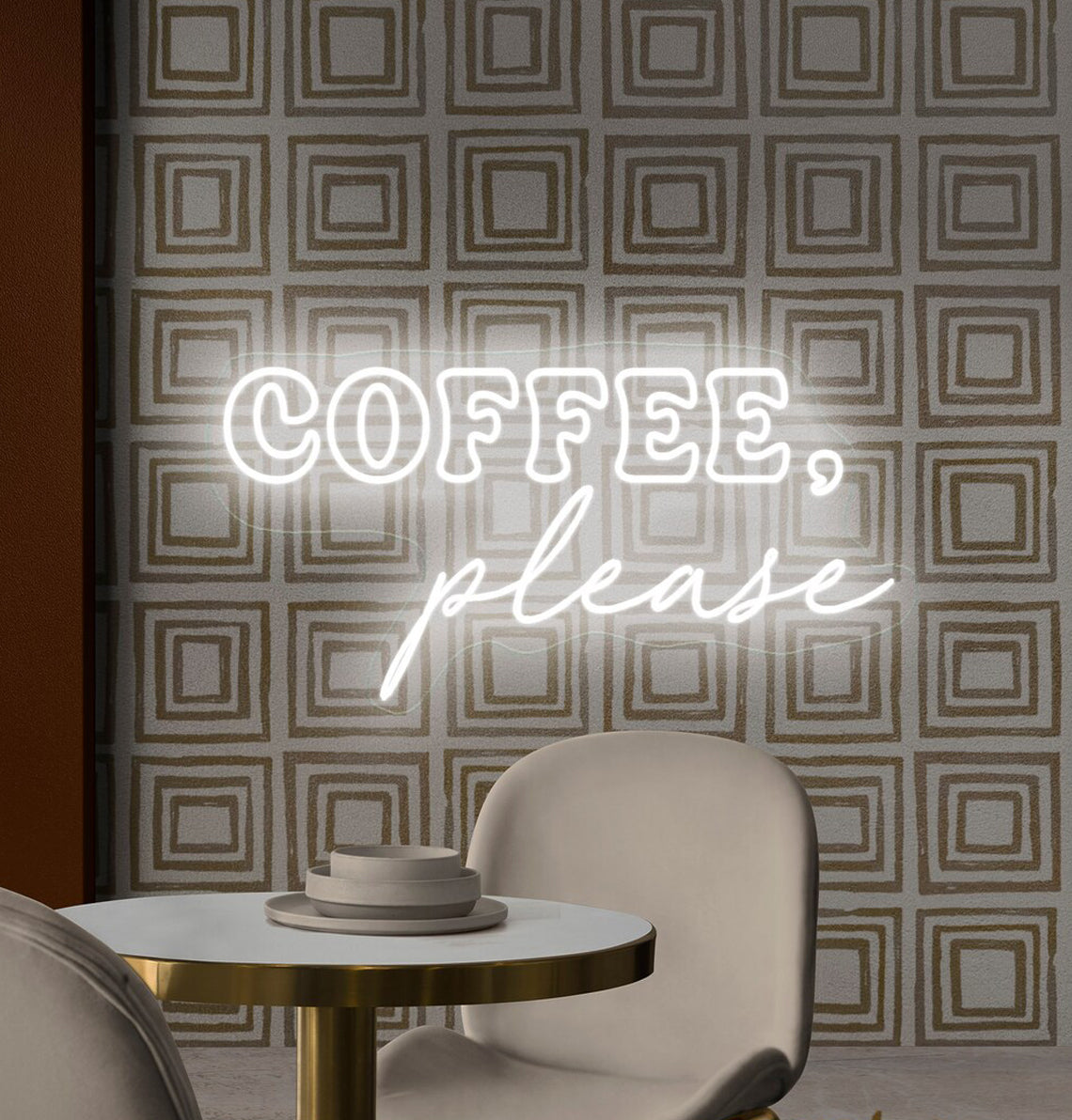 Coffee please wall Neon, Neon sign, Coffee-themed wall decor, Coffee lover's sign, Vibrant lighting, Stylish ambiance, Illuminated sign, Trendy neon sign, Chic cafe, Cafe atmosphere.