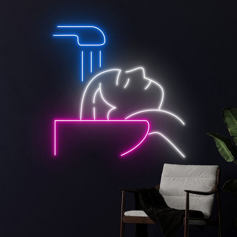 Head Washing Salon Neon, Neon sign, Salon decor, Hair washing services, Vibrant lighting, Stylish salon, Illuminated sign, Trendy neon sign, Chic ambiance, Salon atmosphere, Haircare vibes.