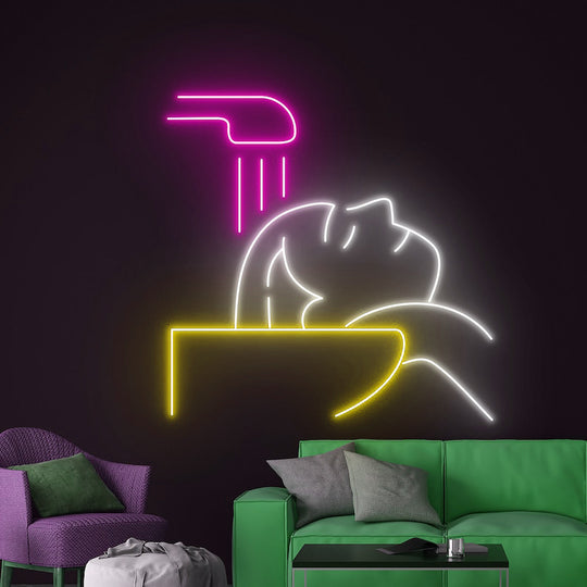 Head Washing Salon Neon, Neon sign, Salon decor, Hair washing services, Vibrant lighting, Stylish salon, Illuminated sign, Trendy neon sign, Chic ambiance, Salon atmosphere, Haircare vibes.