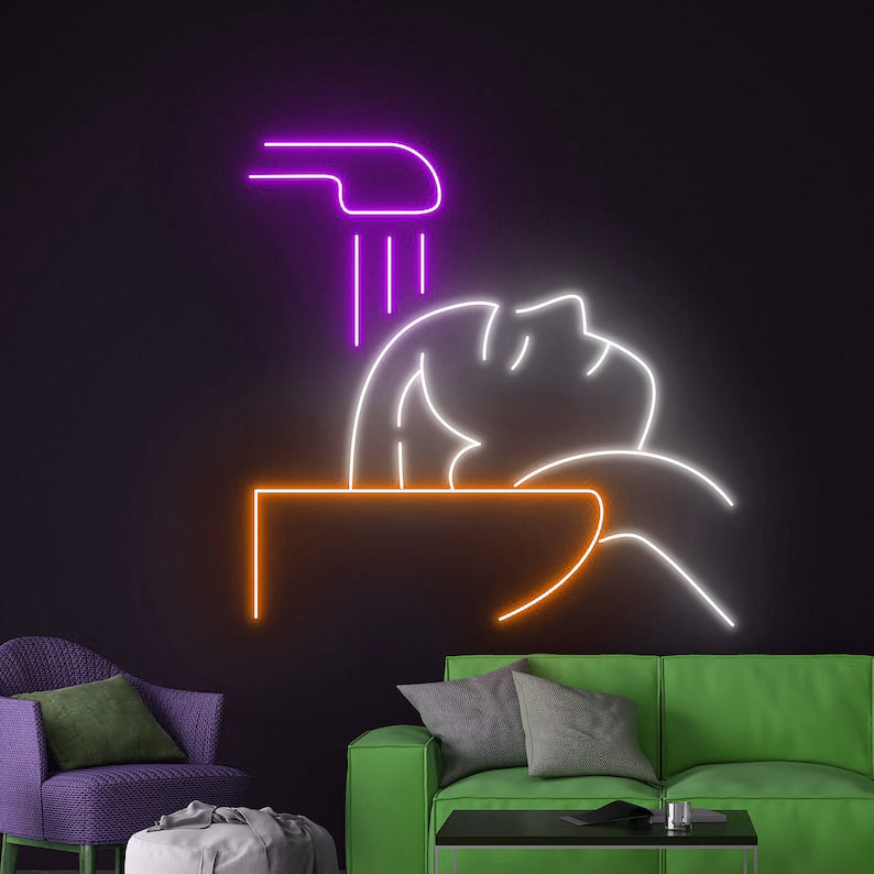 Head Washing Salon Neon, Neon sign, Salon decor, Hair washing services, Vibrant lighting, Stylish salon, Illuminated sign, Trendy neon sign, Chic ambiance, Salon atmosphere, Haircare vibes.