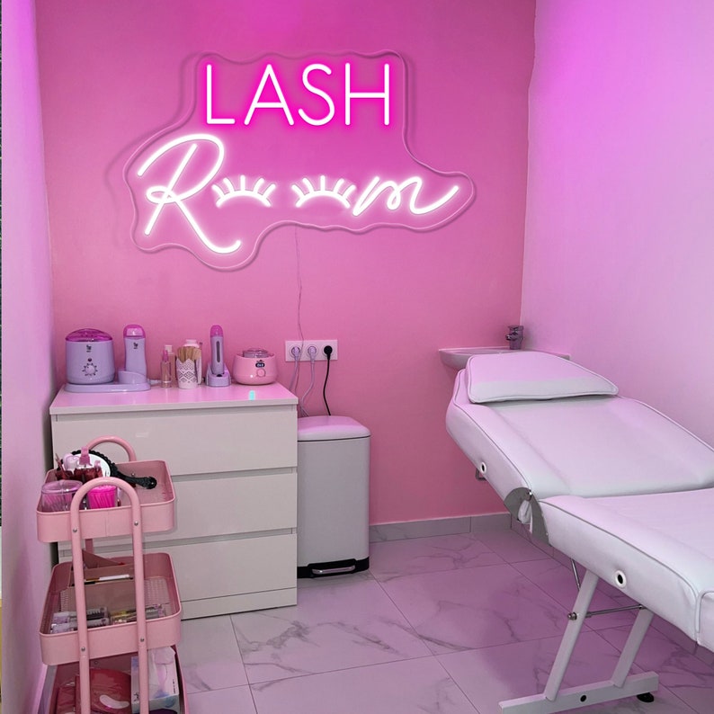 Lash Room Neon, Neon sign, Lash salon decor, Eyelash extensions room, Vibrant lighting, Stylish ambiance, Illuminated sign, Trendy neon sign, Chic lash studio, Salon atmosphere, Lash artist pride.