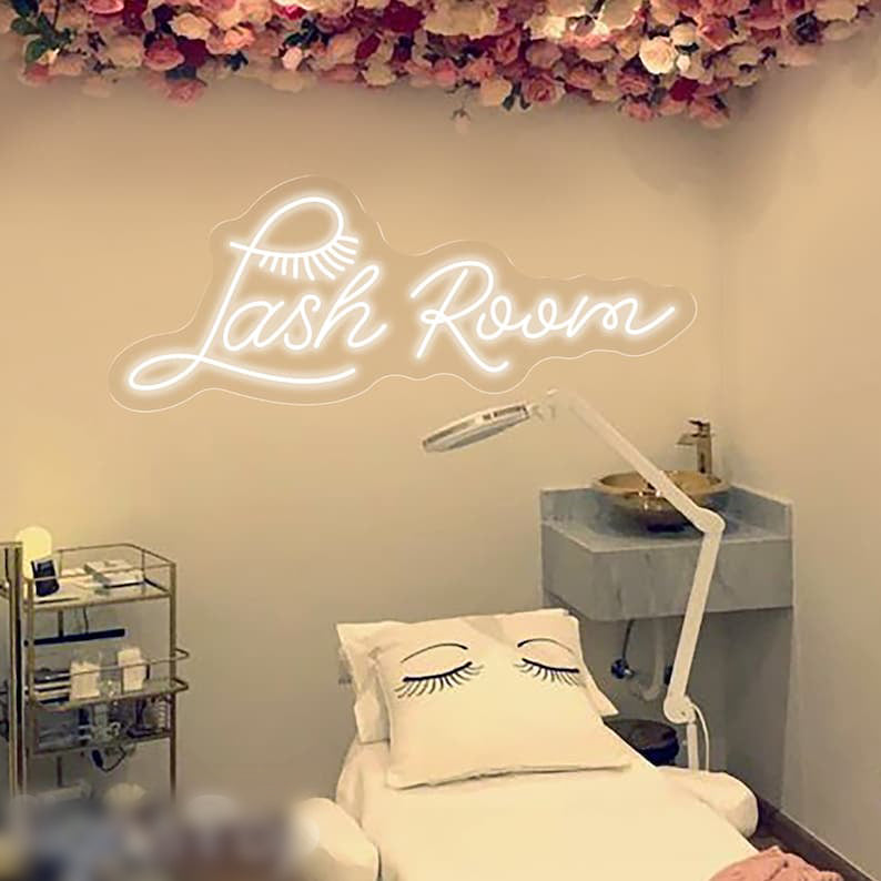 Lash Room Neon, Neon sign, Lash salon decor, Eyelash extensions room, Vibrant lighting, Stylish ambiance, Illuminated sign, Trendy neon sign, Chic lash studio, Salon atmosphere, Lash artist pride