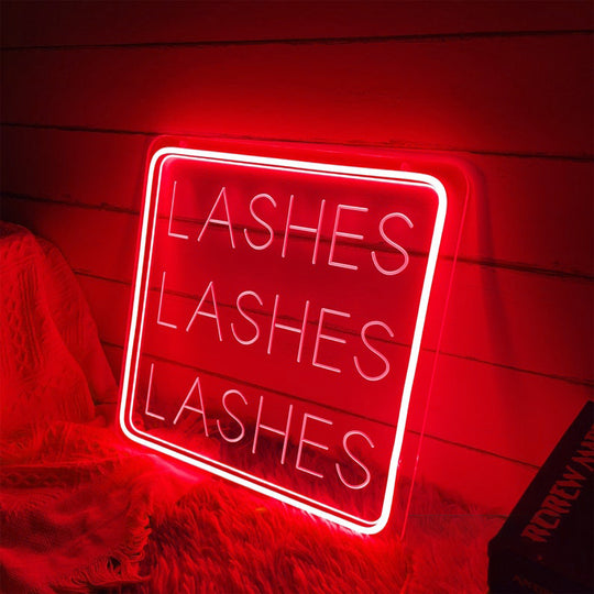 Lashes Lashes Lashes Neon, Neon sign, Beauty salon decor, Eyelash extensions, Lash-centric salon, Vibrant lighting, Stylish ambiance, Illuminated sign, Trendy neon sign, Chic beauty studio, Salon atmosphere, Lash artist pride, Eyelash obsession.