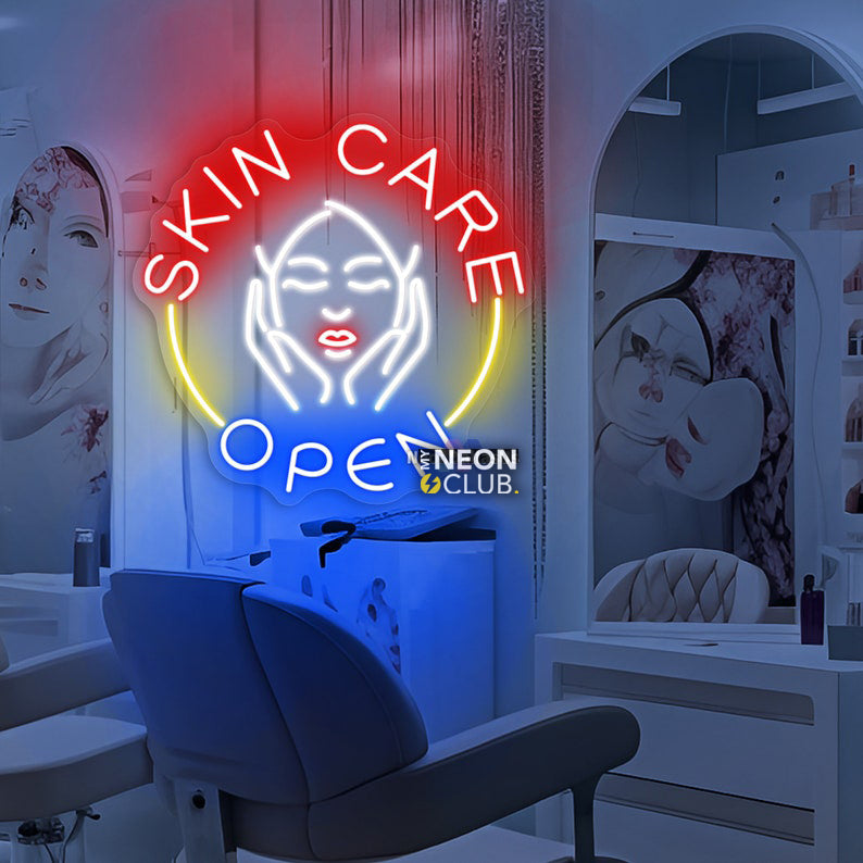 Skin Care Open Beauty Shop Neon, Beauty shop decor, Neon sign, Skincare sanctuary, Illuminated sign, Spa ambiance, Vibrant lighting, Stylish beauty shop, Beauty salon atmosphere, Trendy neon sign, Skin therapy vibes, Chic skincare studio, Relaxing spa environment, Glow sign, Skin rejuvenation center.