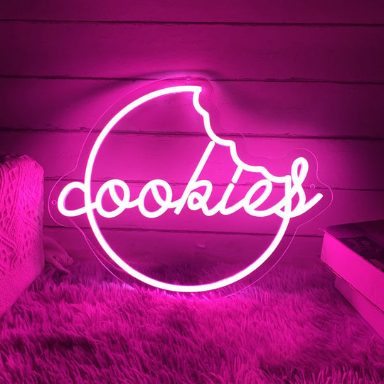 Cookies Neon, Neon sign, Bakery decor, Cookie-themed signage, Vibrant lighting, Stylish ambiance, Illuminated sign, Trendy neon sign, Chic bakery, Sweet atmosphere