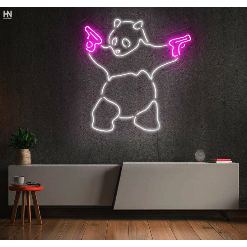 Panda with Pistols Néon Personnalisé | Enseigne LED Au Maroc – MyNeonClub